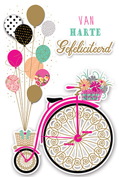 Gefeliciteerd kaart met vintage fiets en ballonnen