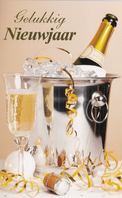 nieuwjaarskaartje champagne in ijs en gevuld glas