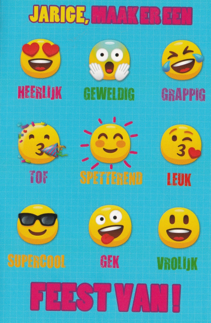 Verjaardagskaart met emoji's op een blauwe achtergrond