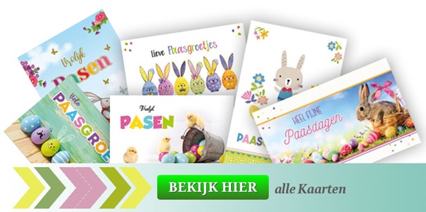 Paaskaarten met afbeeldingen van konijnen, eieren en kuikens. Teksten: "Vrolijk PASEN", "Happy Paasgroetjes", "Hele Fijne Paasdagen".