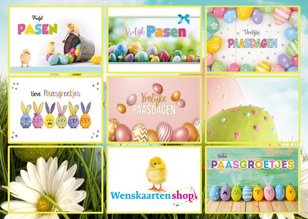 Pasen kaarten met gekleurde eieren, kuikens en teksten zoals "Vrolijk Pasen," "Fijne Paasgroetjes," en "Wenskaarten shop" op een bloemachtergrond.