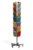 Ronddraaiende folderstandaard met diverse gekleurde vakken voor brochures of kaarten. Standaard op wielen, uitgevoerd in grijs metaal.