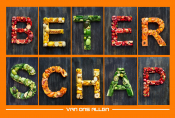 Beterschapskaart met groenten en fruit letters.