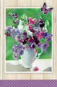 Blanco kaartje met violet kleurige bloemen