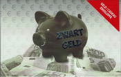 Zwart spaarvarken met tekst "ZWART GELD" op een stapel eurobiljetten. Bovenaan rechts rode driehoek met tekst "GELD/Cadeau Enveloppe".