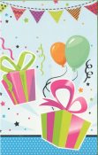 Cadeaus met roze linten, oranje en groene ballonnen, confetti en vlaggetjes op een feestelijke achtergrond.