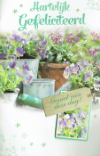 Bloemen in potten met tekst "Hartelijk Gefeliciteerd" en "Geniet van deze dag!". Vrolijk gekleurde, paarse en gele bloemen.