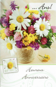 Franstalige Verjaardagskaart met pot tuinbloemen en tekst: