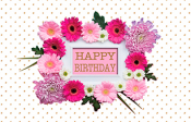 Happy Birthday kaart met fotokader en bloemen.