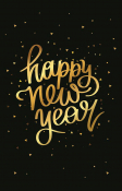 Happy New Year in gouden letters op een zwarte achtergrond met gouden confetti.