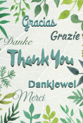 Groene bladeren met tekst in verschillende talen: "Gracias", "Grazie", "Danke", "Thank You", "Dankjewel", "Merci".
