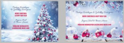 Kerstdelicatessen met versierde kerstboom buiten en rode kerstballen in sneeuw. Tekst: "Prettige Kerstdagen & Gelukkig Nieuwjaar" in meerdere talen.