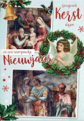 Religieuze kerstkaart met schilderijen van de geboorte van Christus, een engel, tekst "Gezegende Kerstdagen en een voorspoedig Nieuwjaar."