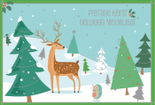 Hert in besneeuwd bos met kerstbomen. Tekst: "Prettige Kerst Gelukkig Nieuwjaar" in groene letters.