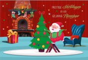 Kerstkaart met kerstboom, open haard, cadeaus, en kersttekst: "Prettige Kerstdagen en een Gelukkig Nieuwjaar".