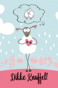 Schattig schaap met roze hartje, denkend aan knuffelende schapen. Tekst onderin: "Dikke Knuffel!" Met bloemetjes en druppels op de achtergrond.