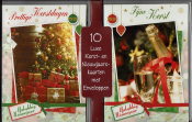 10 luxe kerstkaarten. Links kerstboom met cadeaus, tekst "Prettige Kerstdagen". Rechts champagne, tekst "Fijne Kerst". "Gelukkig Nieuwjaar" onderaan.