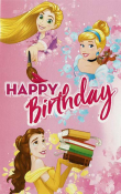 Disney prinsessen op roze achtergrond, met tekst "HAPPY Birthday" in het midden.