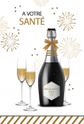 Fles champagne met glazen, vuurwerk en tekst "A VOTRE SANTÉ" en "SPÉCIALEMENT POUR TOI". Goud en wit kleurenpalet.