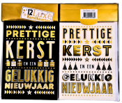 Twee luxe kerstkaarten in zwart en wit met tekst: "Prettige Kerst en een Gelukkig Nieuwjaar." Versierd met sterren en kerstbomen.