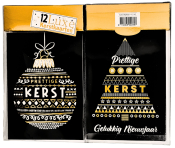 Twee luxe kerstkaarten in zwart en goud. Links: bal met "Prettige Kerst". Rechts: boom met "Prettige Kerst, Gelukkig Nieuwjaar".