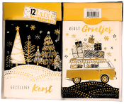 Twee kerstkaarten; links een gouden kerstboom op een zwarte achtergrond met tekst "Gezellige Kerst", rechts een busje met cadeaus en tekst "Kerst Groetjes".