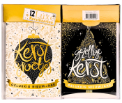 12 luxe kerstkaarten, linkerkaart "kerstgroetjes" met ornament, rechterkaart "gezellige kerst" met kerstboom. Beiden met "gelukkig nieuwjaar".