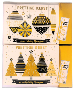 Twee kerstkaarten met tekst "Prettige Kerst en een Gelukkig Nieuwjaar", versierd met ballen en bomen in goud en zwart. Links "12 LUX kerstkaarten".