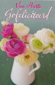 Felle bloemen in vaas op groene achtergrond met tekst "Van Harte Gefeliciteerd".