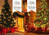 Twee kerstbomen met rode en gouden versieringen, omgeven door cadeaus. Tekst: "Prettige Kerstdagen & Gelukkig Nieuwjaar".