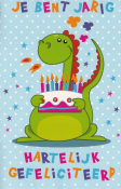 Verjaardagskaart met een dino die taart vasthoud