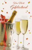 Champagnefles in een ijsemmer met rode strik, twee glazen champagne. Tekst: "Van Harte Gefeliciteerd." Feestelijke stippen op achtergrond.