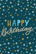 Happy Birthday in verschillende stijlen op een donkere achtergrond met gekleurde stippen.