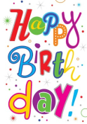 Felle kleuren, de tekst "Happy Birthday!", omlijst met kleurrijke stippen en sterren.