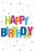 Gekleurde tekst "HAPPY BIRTHDAY" op witte achtergrond met kleurrijke sterretjes.
