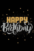 Happy Birthday-tekst in goud en zilver op een zwarte achtergrond met sterren.
