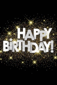 "Happy Birthday!" in witte letters met gouden glitterachtergrond.