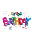 Kleurrijke letters "HAPPY BIRTHDAY" met ballonnen, confetti en feesthoedjes.