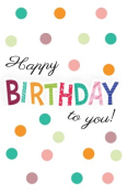 Felicitatietekst "Happy Birthday to you!" met kleurrijke stippen op een witte achtergrond.