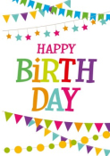 Gekleurde vlaggetjes en de tekst "Happy Birthday" in vrolijke, felgekleurde letters op een witte achtergrond.