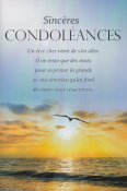 Zonsopgang boven zee met een vliegende vogel. Tekst: "Sincères Condoléances," met een condoleanceboodschap in het Frans erboven.
