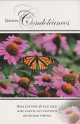 Rouwkaart met tekst "Sincères Condoléances", monarchvlinder op roze bloemen, onderste tekst "Nous sommes de tout cœur avec vous en ces moments de douleur intense".