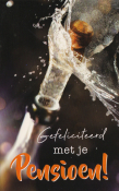 Champagnekurk plopt uit fles met tekst: "Gefeliciteerd met je pensioen!"