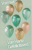 Ballonnen in goud en blauw met glitters, groene achtergrond. Tekst: "Vormsel Van Harte Gefeliciteerd".