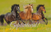 Drie paarden galopperen in een bloemenveld. Tekst: "Vormsel, Hartelijk Gefeliciteerd!"