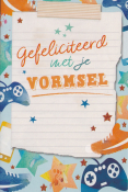 Kaart met kleurrijke controllers, sterren en tekst: "Gefeliciteerd met je vormsel".