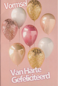 Ballonnen in goud, wit en roze op een roze achtergrond met tekst: "Vormsel Van Harte Gefeliciteerd".