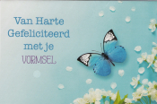 Lichtblauwe achtergrond met een blauwe vlinder en witte bloesems. Tekst: "Van Harte Gefeliciteerd met je Vormsel".