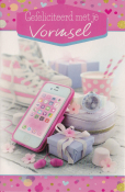 Roze en paarse cadeaus, iPhone met roze hoes, horloge, snoep, en roze sneakers. Tekst boven: "Gefeliciteerd met je Vormsel".