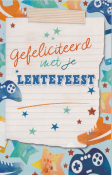 Felicitatiekaart met tekst "Gefeliciteerd met je lentefeest" in kleurrijke letters, omringd door sterren, controllers en sneakers.